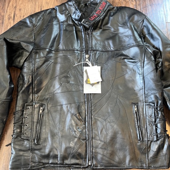 NWT Diamond Plate Buffalo Leather Biker Moto Jacket Black Patchwork - Picture 2 of 13